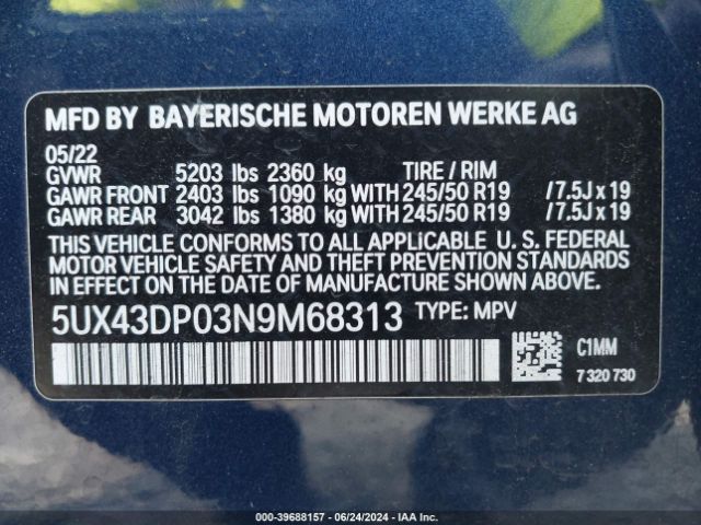 5UX43DP03N9M68313 BMW X3 Sdrive30i