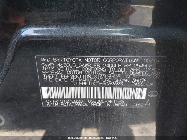 Aukcja sprzedaży 2015 Lexus Is 250, vin: JTHBF1D20F5069693, numer aukcji: 39688159