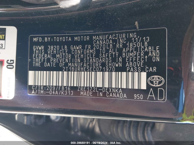 Toyota COROLLA LE 2014 2T1BURHE5EC071970 Image 9