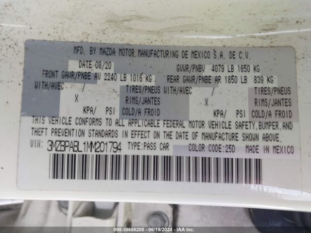 3MZBPABL1MM201794 Mazda Mazda3 Select