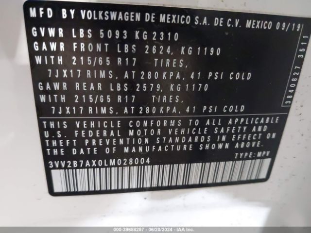 3VV2B7AX0LM028004 Volkswagen Tiguan 2.0t Se/2.0t Se R-line Black/2.0t Sel