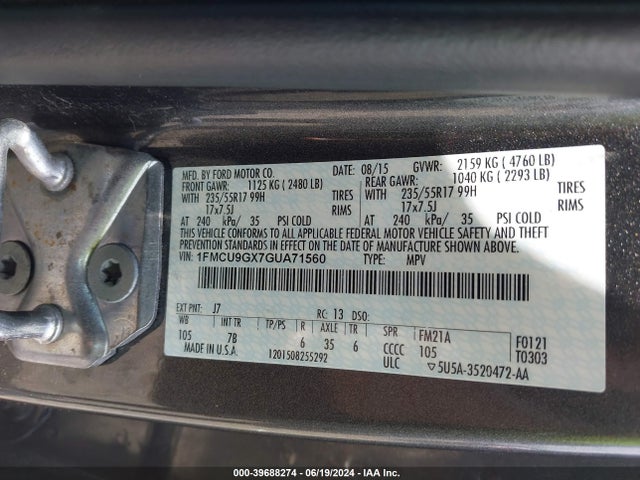 Ford ESCAPE SE 2016 1FMCU9GX7GUA71560 Image 9