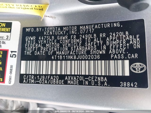 4T1B11HK8JU002036 Toyota CAMRY LE