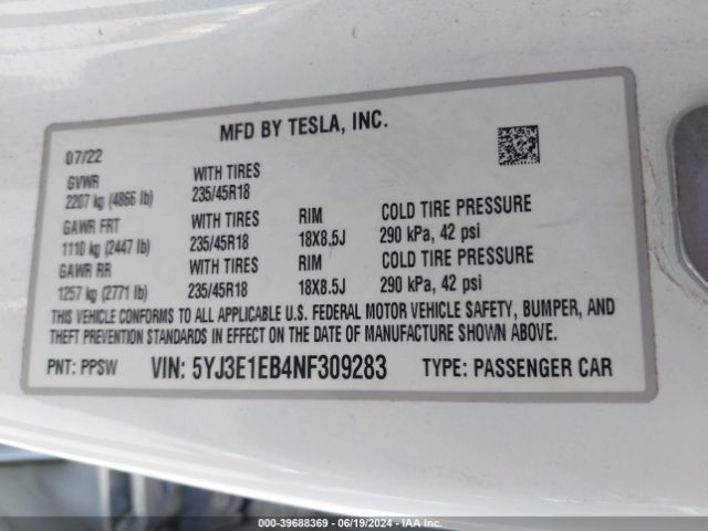 2022 TESLA MODEL 3 5YJ3E1EB4NF309283 Photo 8