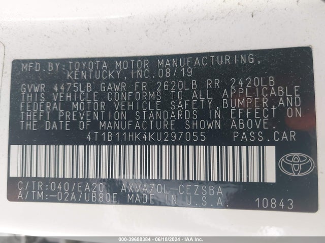 Toyota CAMRY SE 2019 4T1B11HK4KU297055 Image 9