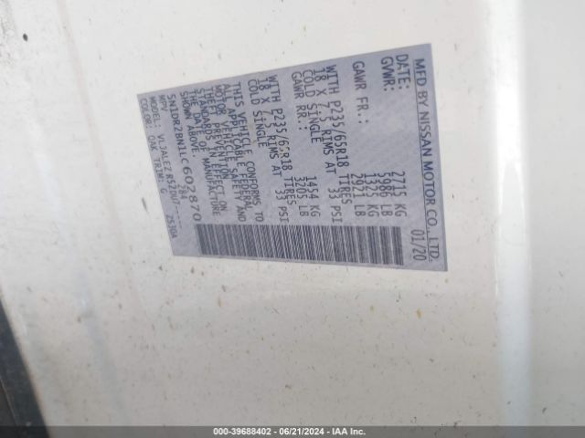 5N1DR2BN1LC602870 Nissan Pathfinder Sv 2wd
