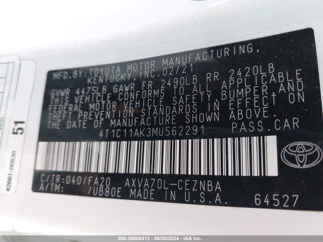 Toyota CAMRY LE 2021 4T1C11AK3MU562291 Image 9