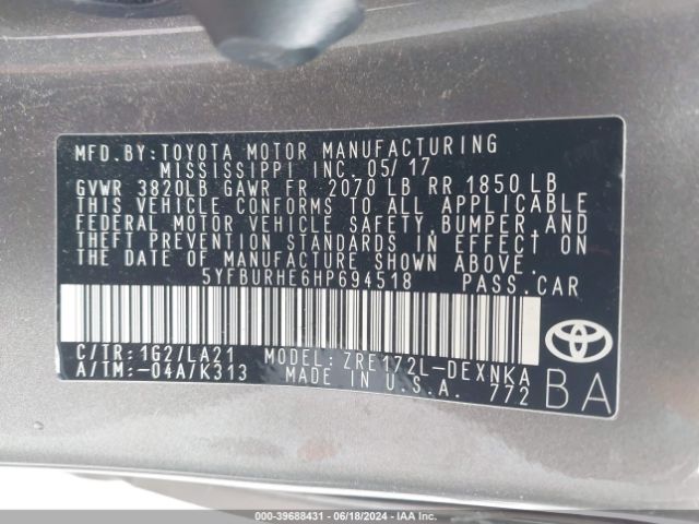 5YFBURHE6HP694518 Toyota Corolla Xle