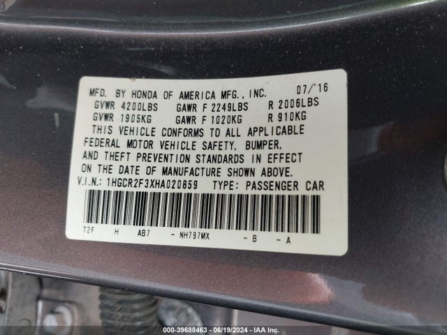 Honda ACCORD LX 2017 1HGCR2F3XHA020859 Image 9