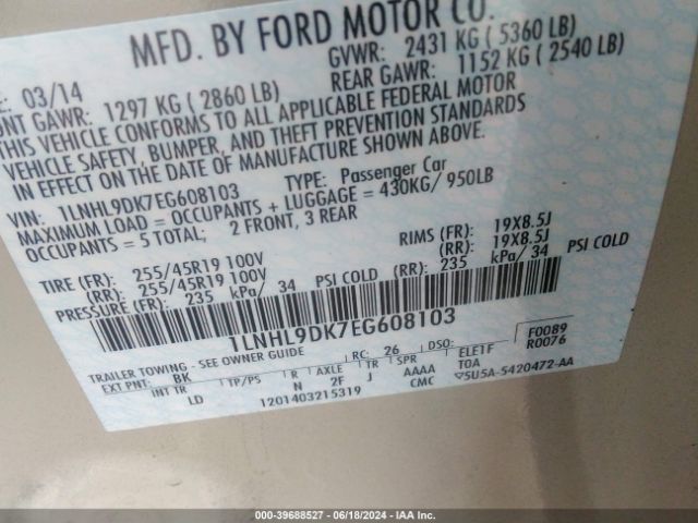 1LNHL9DK7EG608103 Lincoln MKS