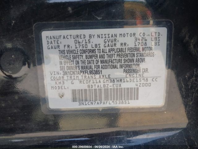 3N1CN7APXFL953851 Nissan Versa 1.6 Sv