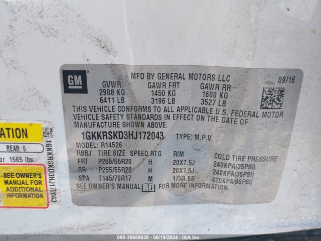 1GKKRSKD3HJ172043 GMC Acadia Limited