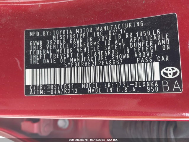 Toyota COROLLA LE 2017 5YFBURHE2HP648667 Image 9