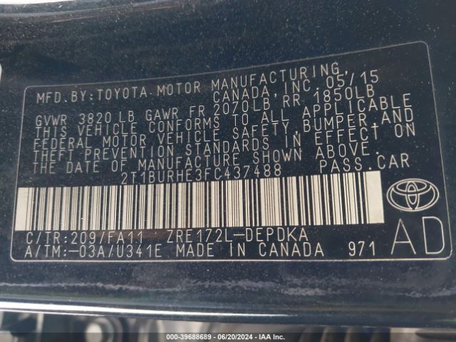 2T1BURHE3FC437488 Toyota COROLLA L