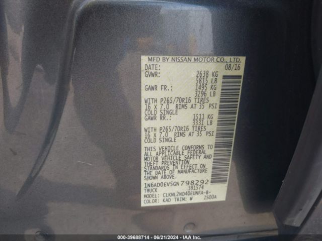 1N6AD0EV5GN798292 Nissan Frontier Sv