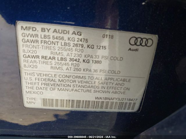 WA1BNAFY3J2118427 Audi Q5 2.0t Premium/2.0t Tech Premium