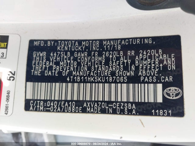 Toyota CAMRY SE 2019 4T1B11HK5KU187065 Image 9
