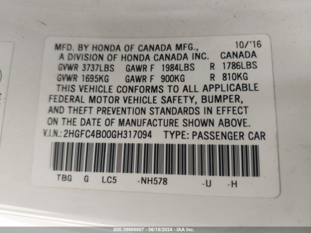 2HGFC4B00GH317094 Honda Civic Lx-p