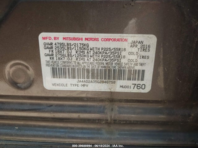 Mitsubishi Outlander Es 2016 JA4AD2A35GZ046758 Image 9