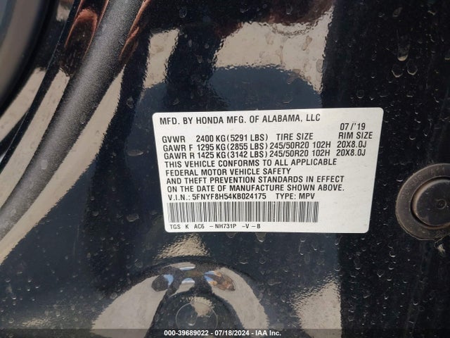 Honda Passport Ex-l 2019 5FNYF8H54KB024175 Image 9