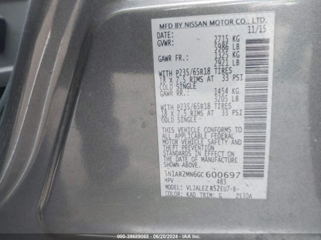 5N1AR2MN6GC600697 Nissan Pathfinder Platinum/s/sl/sv