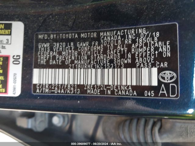 2T1BURHE1KC153173 Toyota COROLLA LE