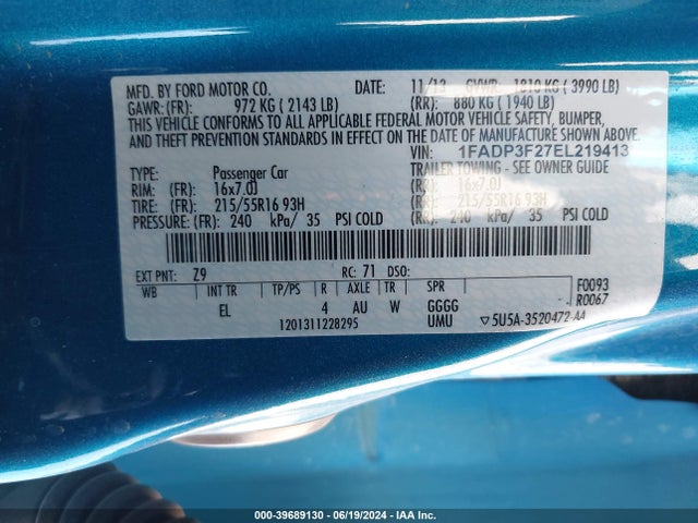 Ford FOCUS SE 2014 1FADP3F27EL219413 Image 9