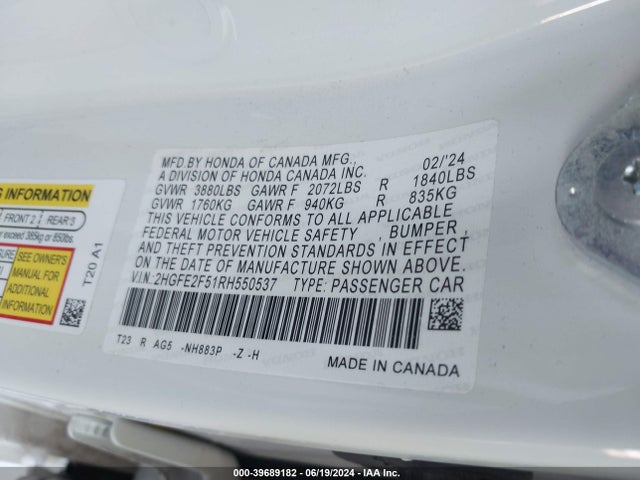 Honda Civic Sport 2024 2HGFE2F51RH550537 Image 9