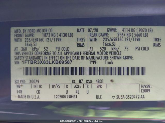 1FTBR3X83LKB09587 Ford Transit-250 Cargo Van