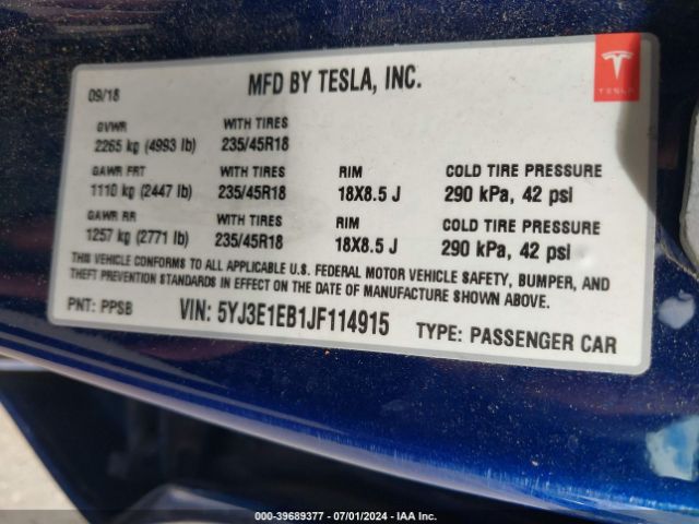 5YJ3E1EB1JF114915 Tesla Model 3 Long Range/performance