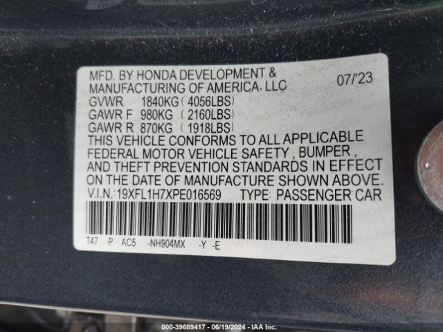 19XFL1H7XPE016569 Honda Civic Ex-l /ex-l W/o Bsi