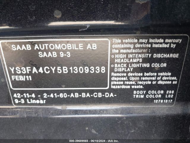2011 SAAB 9-3 YS3FA4CY5B1309338 Photo 8