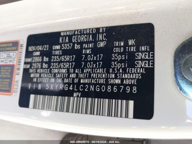 5XYRG4LC2NG086798 KIA SORENTO LX