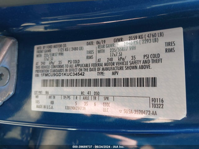 Ford ESCAPE SE 2019 1FMCU9GD1KUC34542 Image 9