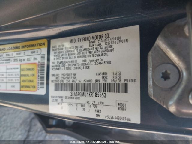 3FA6P0MU4KR185553 Ford Fusion Hybrid Sel
