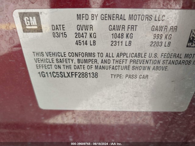 Chevrolet MALIBU 1LT 2015 1G11C5SLXFF288138 Image 9