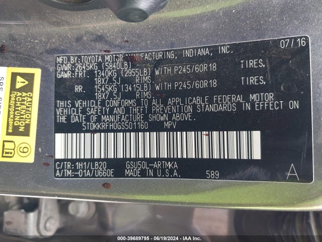 Toyota Highlander Xle V6 2016 5TDKKRFH0GS501160 Image 9