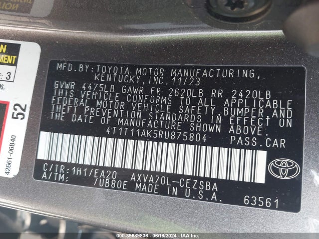 Toyota CAMRY SE 2024 4T1T11AK5RU875804 Image 9