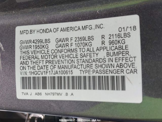 1HGCV1F17JA100615 Honda ACCORD LX