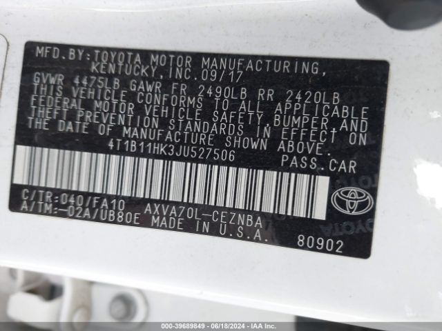 4T1B11HK3JU527506 Toyota CAMRY L