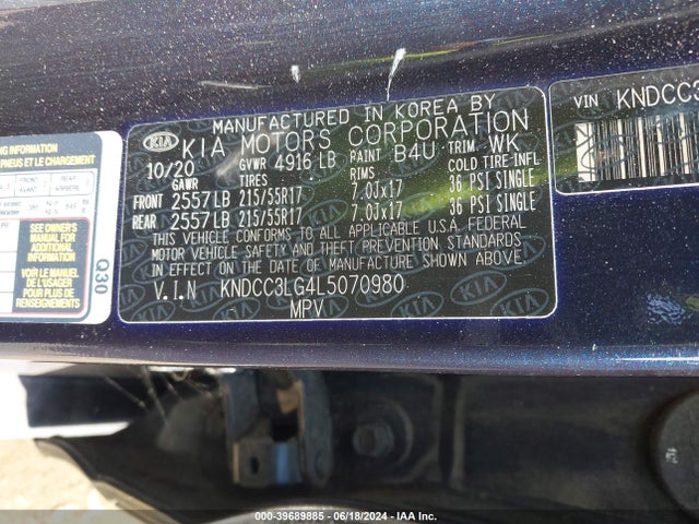 KNDCC3LG4L5070980 KIA Niro Ev Ex