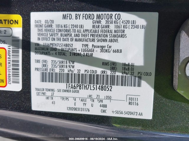 Ford Mustang Ecoboost Premium Fastback 2020 1FA6P8TH7L5148052 Image 9