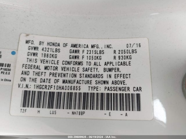 1HGCR2F10HA006855 Honda Accord Sport Se