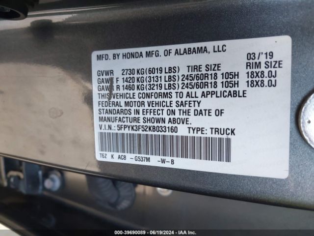 5FPYK3F52KB033160 Honda Ridgeline Rtl