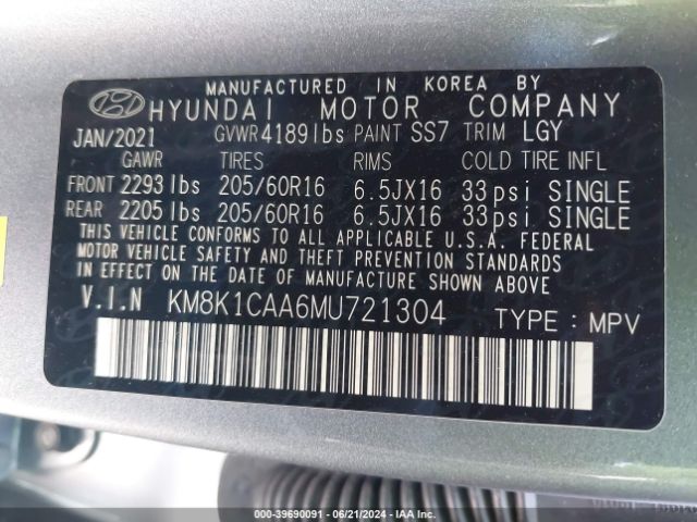 KM8K1CAA6MU721304 Hyundai Kona Se