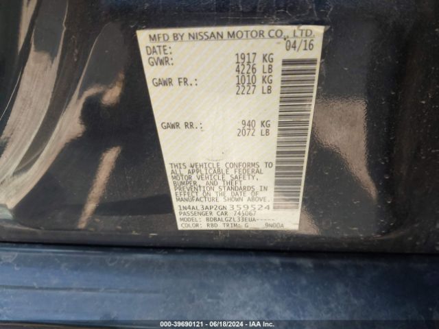 1N4AL3AP2GN359524 Nissan Altima 2.5/2.5 S/2.5 Sl/2.5 Sr/2.5 Sv