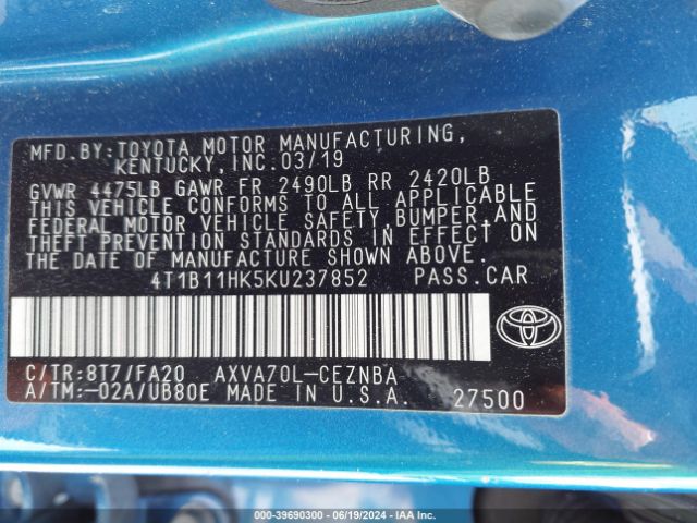4T1B11HK5KU237852 Toyota CAMRY LE