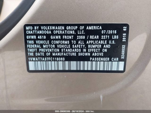 1VWAT7A37FC118063 Volkswagen Passat 1.8t Limited Edition