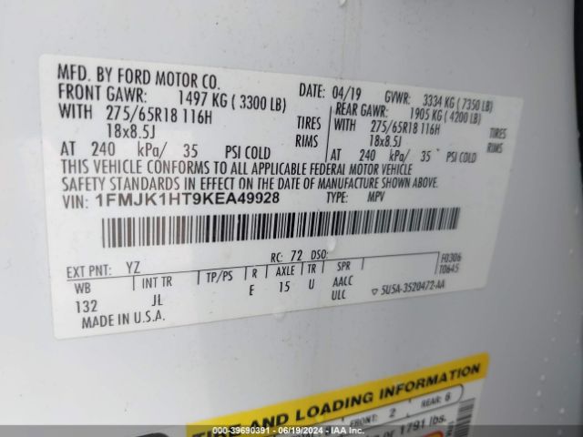 1FMJK1HT9KEA49928 Ford Expedition Max Xlt
