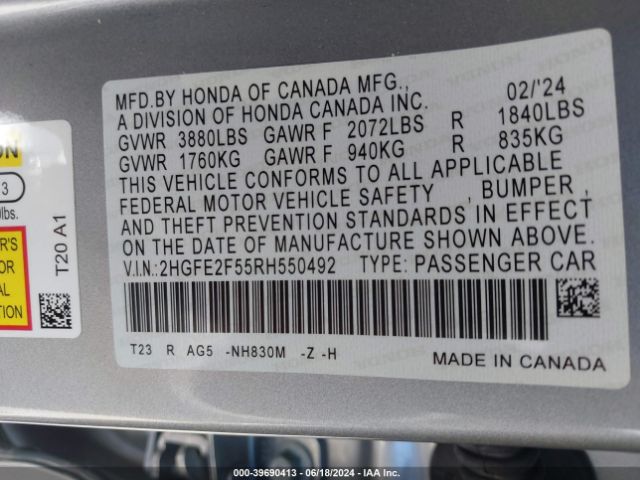 2HGFE2F55RH550492 Honda Civic Sport